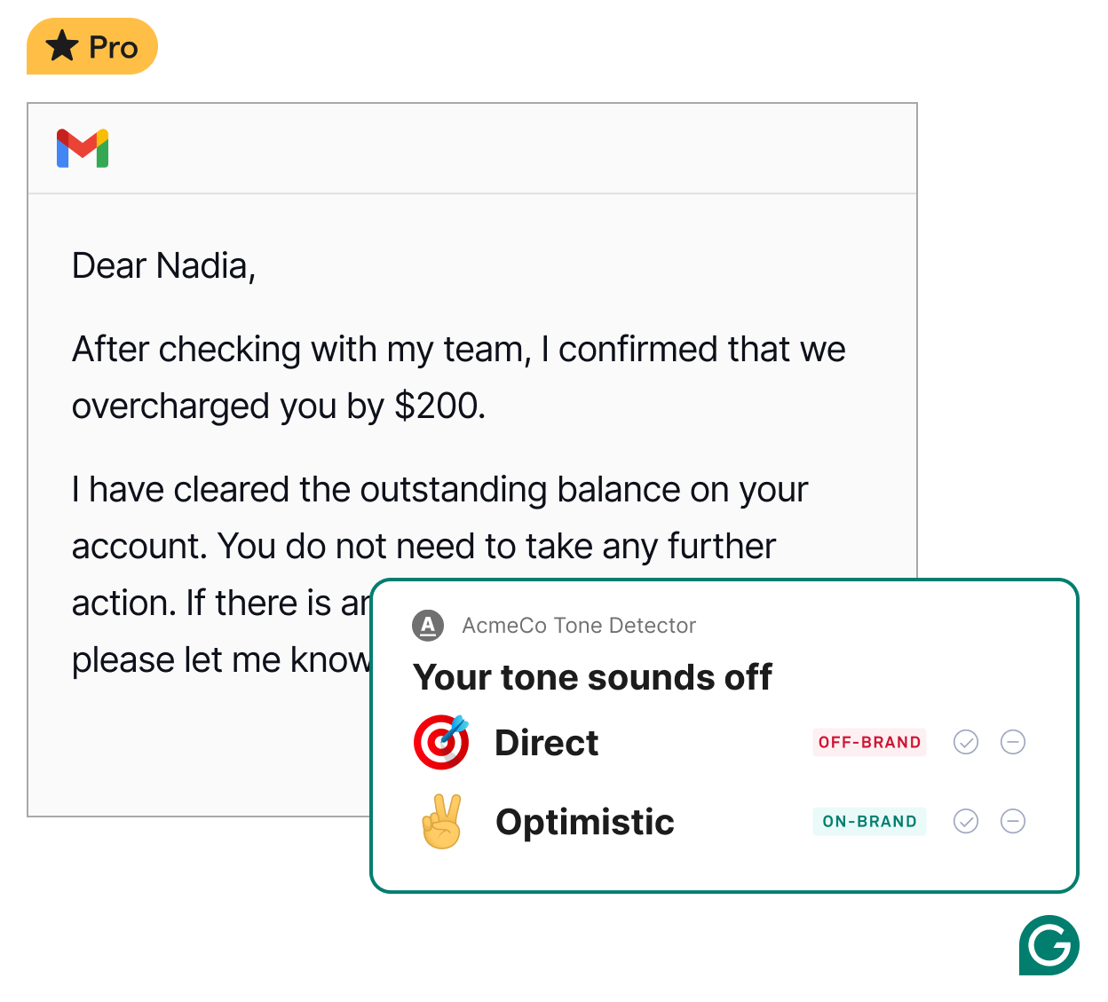 Email in Gmail with text written and Grammarly providing a tone suggestion for AcmeCo
