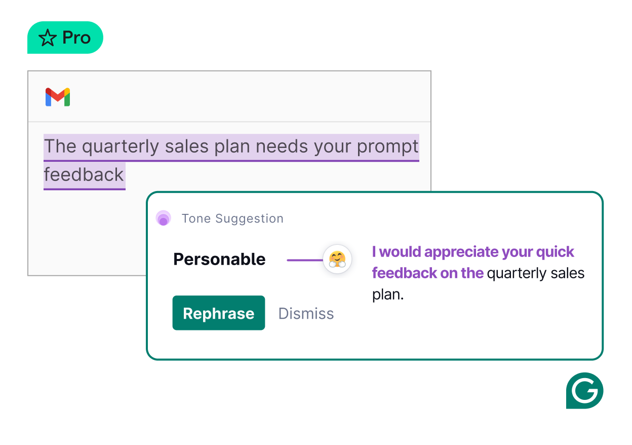 Gmail showing how Grammarly can suggest a different tone