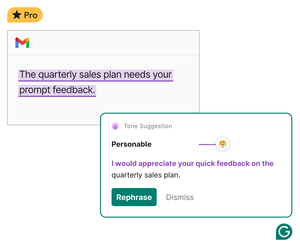 Gmail showing how Grammarly can suggest a different tone