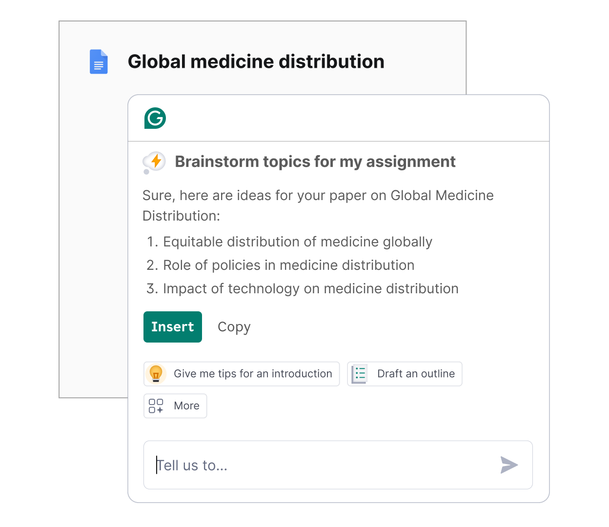 Grammarly product example shows brainstorming topics for your assignment