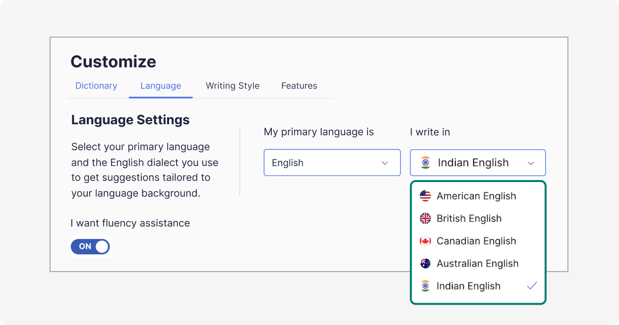 Language settings dropdown