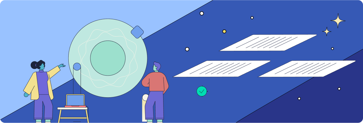 Colorful graphic of two people looking at floating documents in the sky.