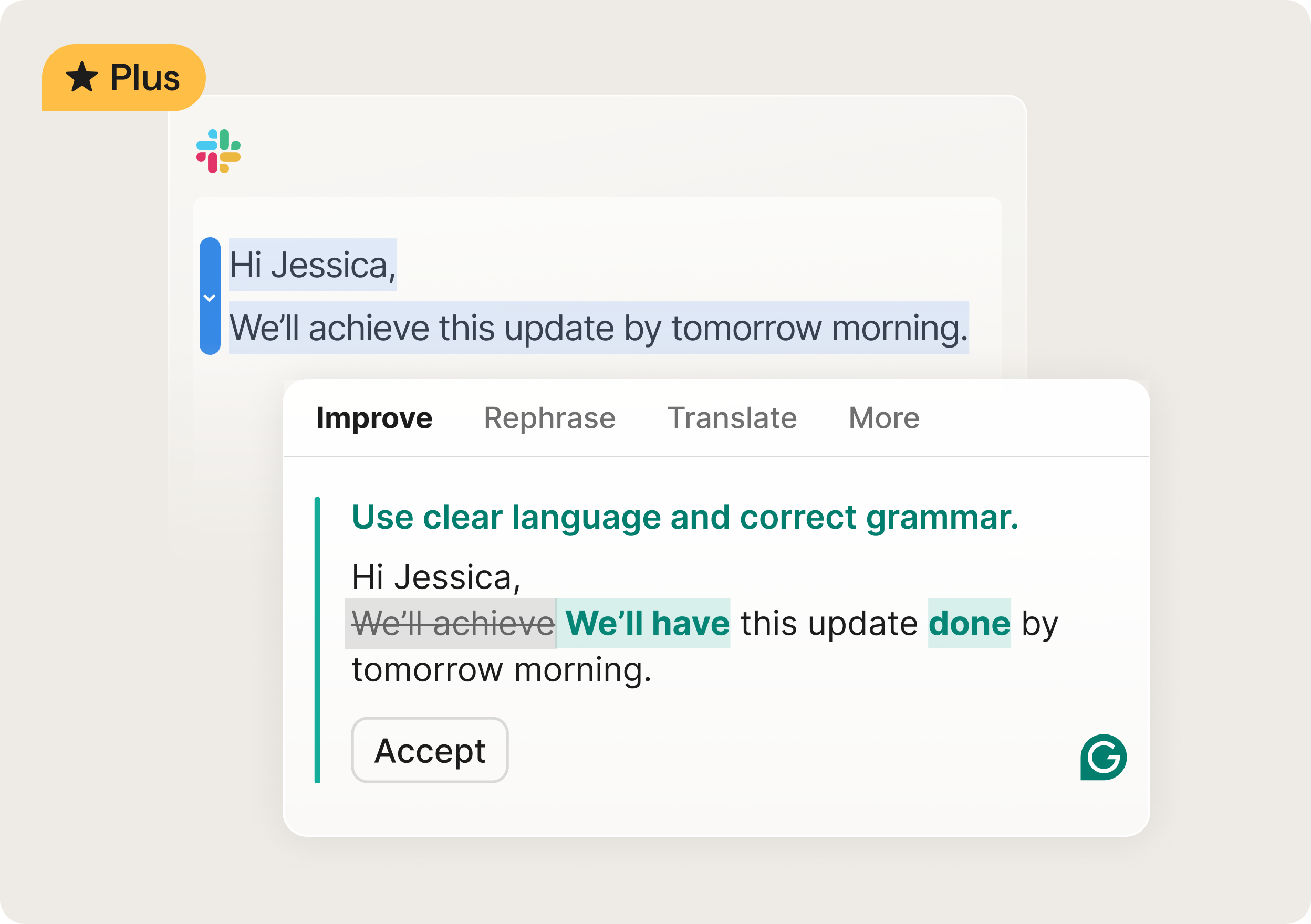 Grammarly Plus providing clear language and correcting grammar