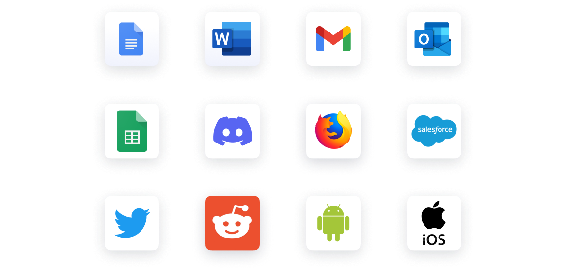 improve writing by Icons for Microsoft Word, Google Docs, Gmail, Outlook, Google Sheets, Discord, Firefox, Salesforce, Twitter, Reddit, Android, and iOS.