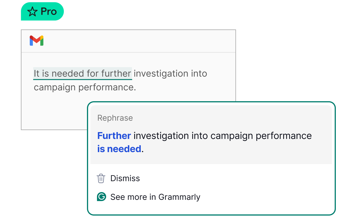 An e-mail in Gmail with Grammarly offering a suggestion for a rephrased version