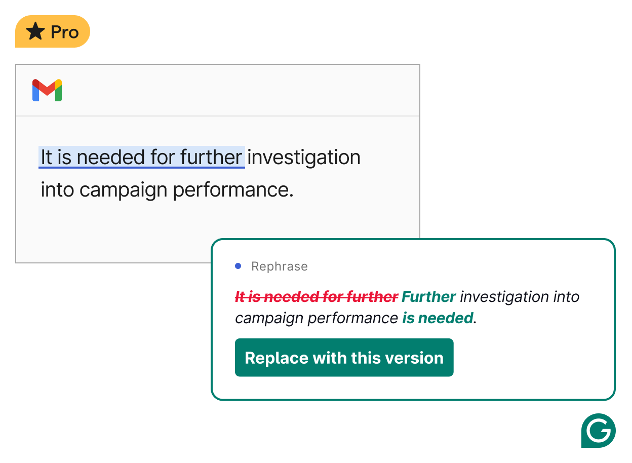 An e-mail in Gmail with Grammarly offering a suggestion for a rephrased version