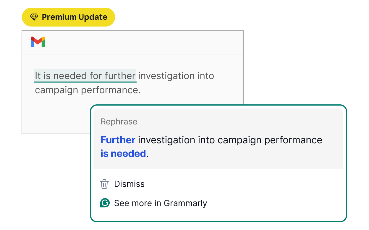 An e-mail in Gmail with Grammarly offering a suggestion for a rephrased version