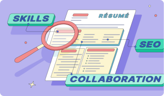 Illustration of a resume with skills, SEO and collaboration written out