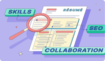 writing a general cover letter Illustration of a resume with skills, SEO and collaboration written out